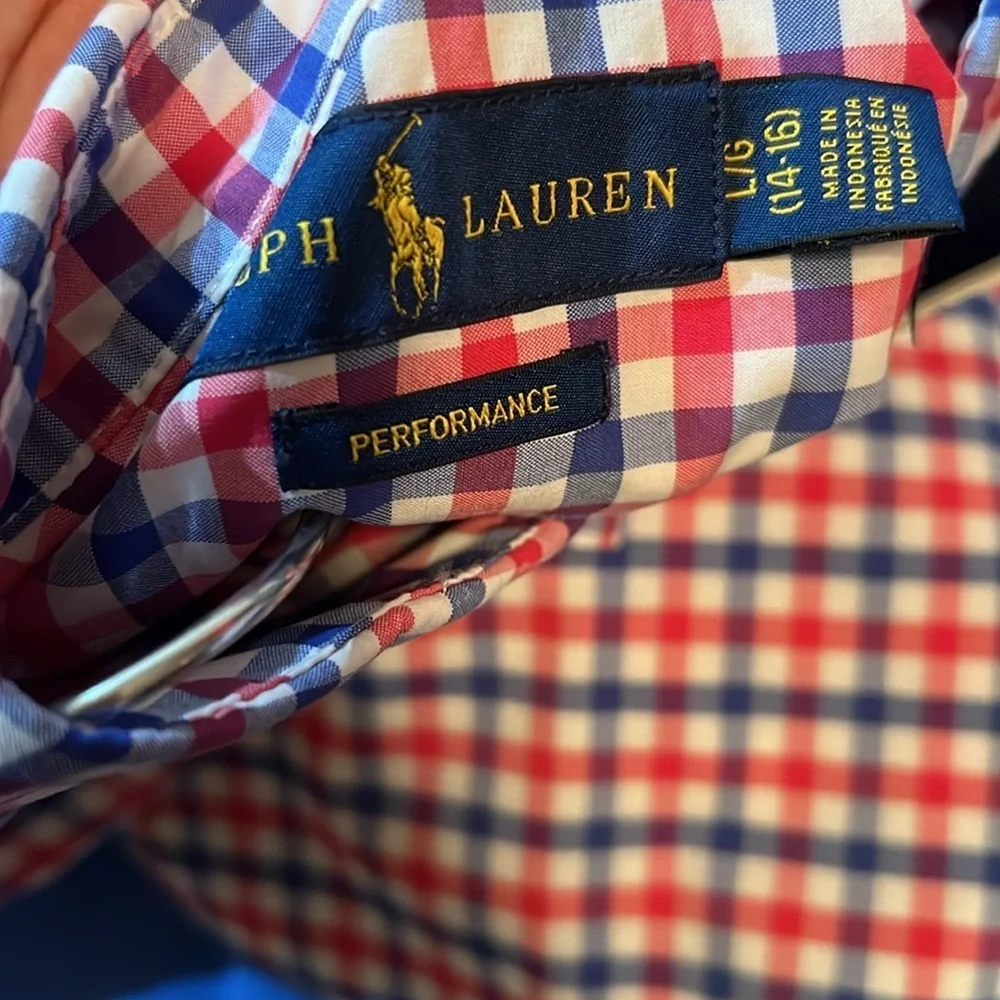 Ralph Lauren boys long sleeved performance Oxford shirt red & blue gingham M&L